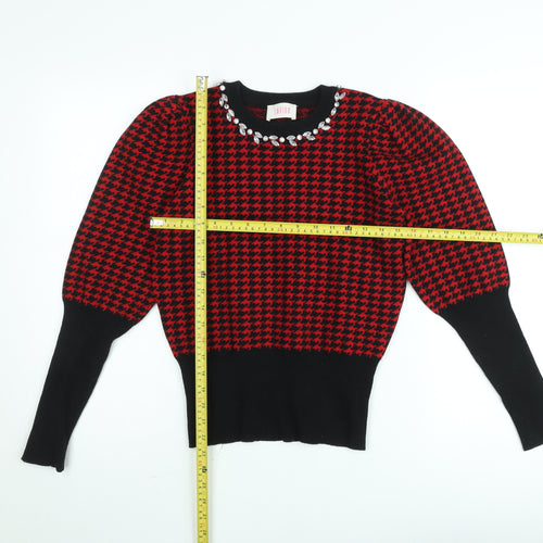 Savida Women’s Red & Black Houndstooth Puff Sleeve Jumper M