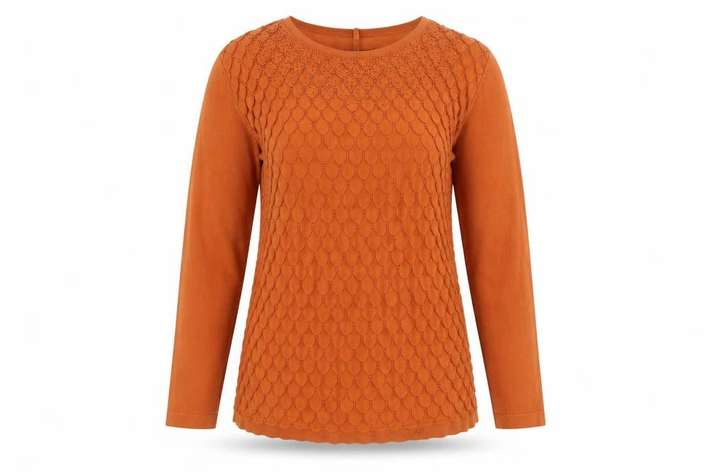 Front view of Just Elegance Women's Orange Tunic Top, size S, 3/4 Sleeve Knit Blouse