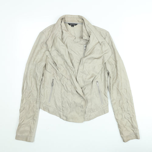 Portmans Women Beige Biker Jacket Size 10 Slim Fit Zip Detail