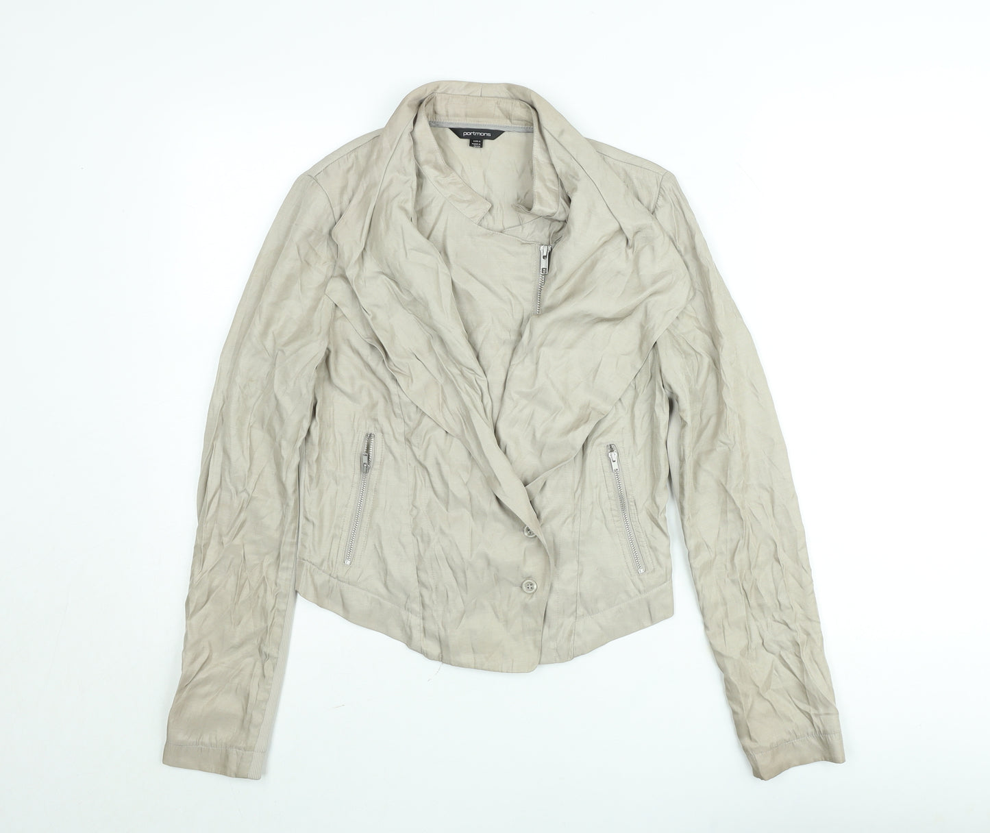 Portmans Women Beige Biker Jacket Size 10 Slim Fit Zip Detail