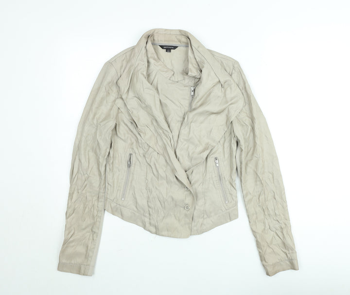 Portmans Women Beige Biker Jacket Size 10 Slim Fit Zip Detail