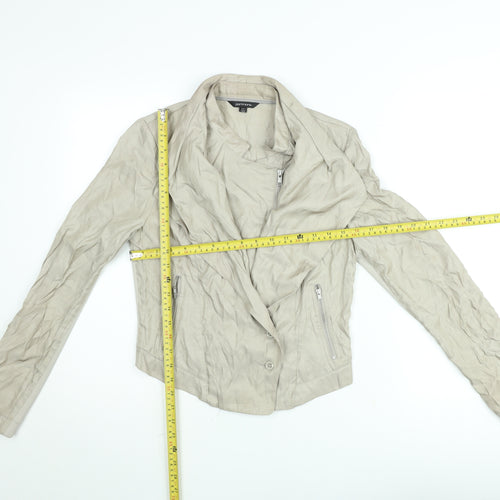 Portmans Women Beige Biker Jacket Size 10 Slim Fit Zip Detail