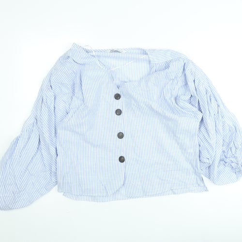 ZARA Women Blue Striped Cropped Puff Sleeve Blouse XS