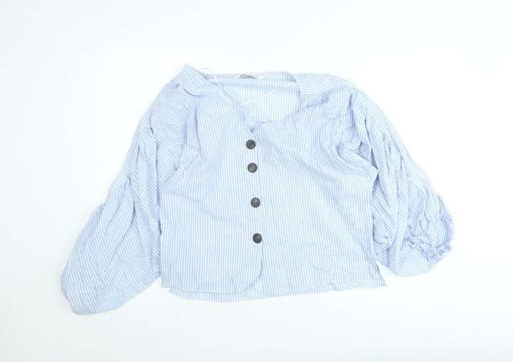ZARA Women Blue Striped Cropped Puff Sleeve Blouse XS