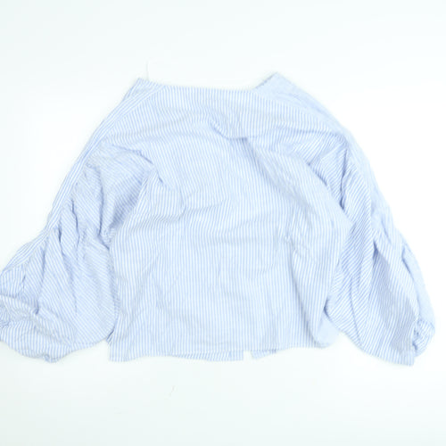 ZARA Women Blue Striped Cropped Puff Sleeve Blouse XS
