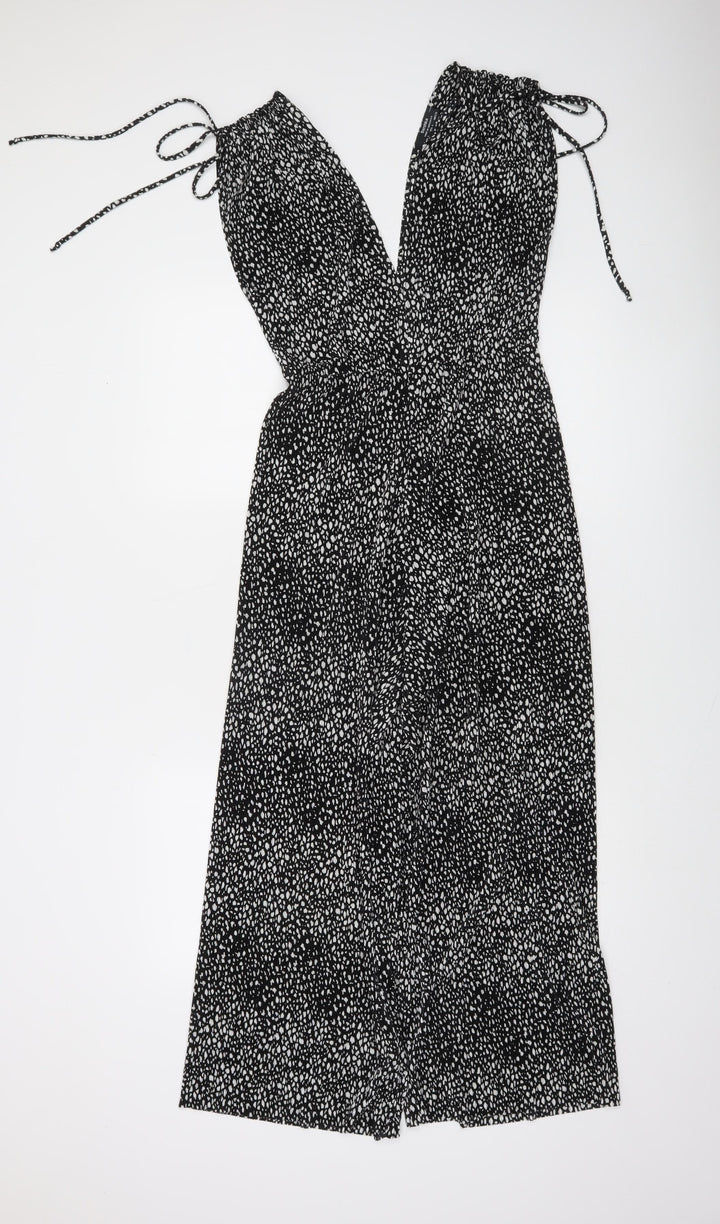 Bershka Women’s Black Animal Print Halter Wide-Leg Jumpsuit Size 8
