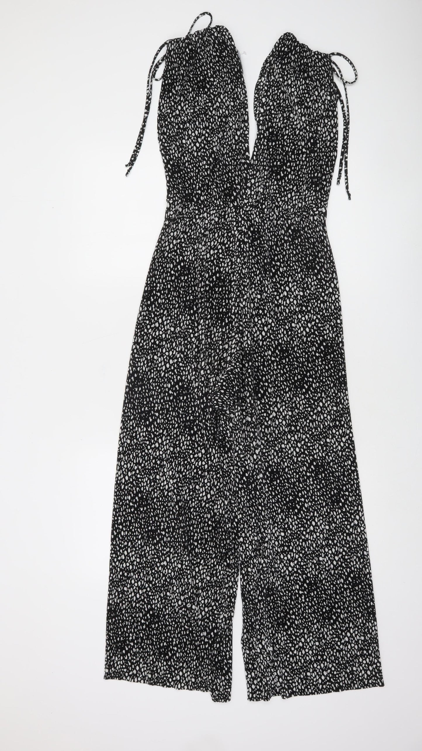 Bershka Women’s Black Animal Print Halter Wide-Leg Jumpsuit Size 8