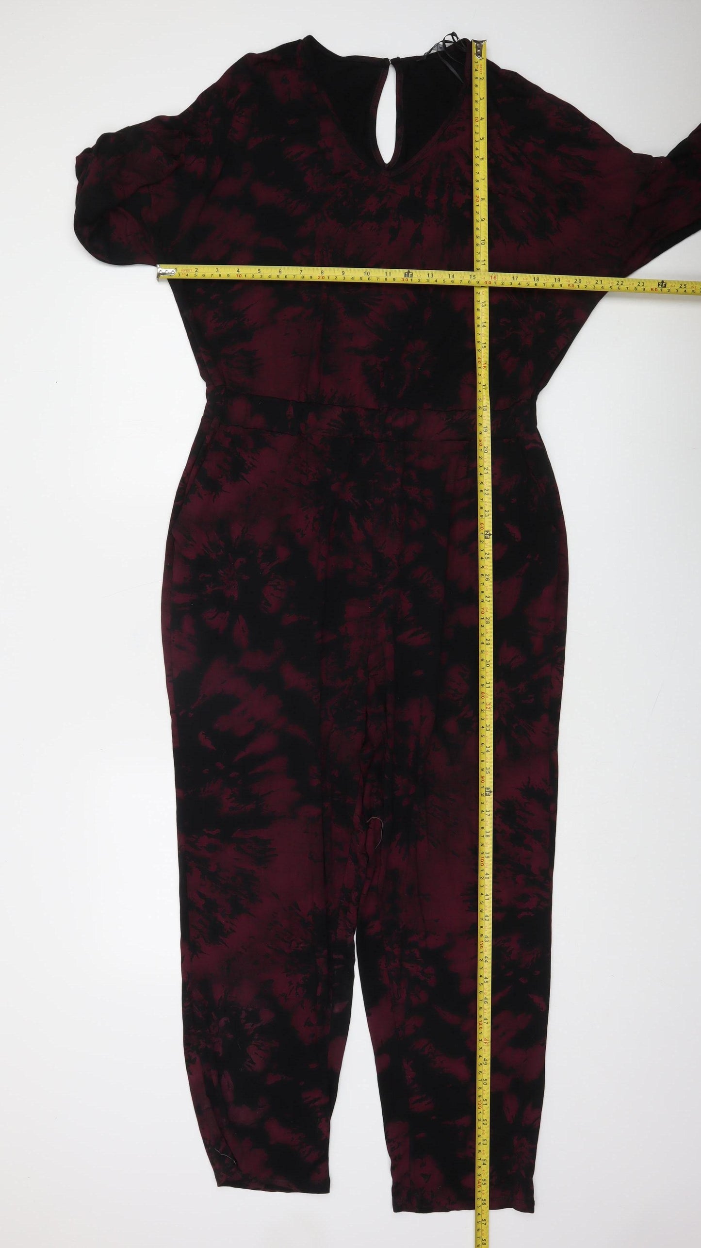 Roman Women’s Red Black Tie Dye Jumpsuit Size 14 3/4 Sleeve Jersey Style