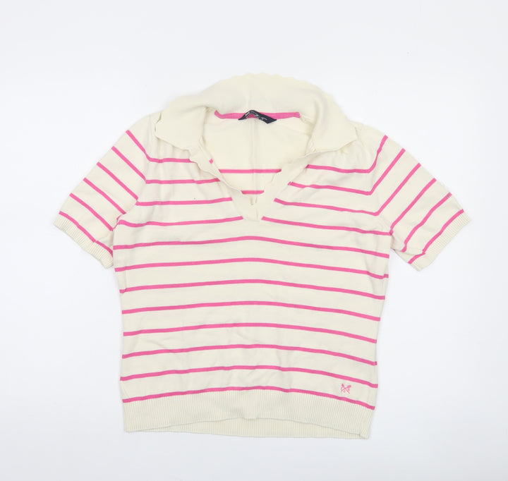Crew Clothing Company Women’s Ivory Pink Striped Cotton V-Neck Jumper Size 12