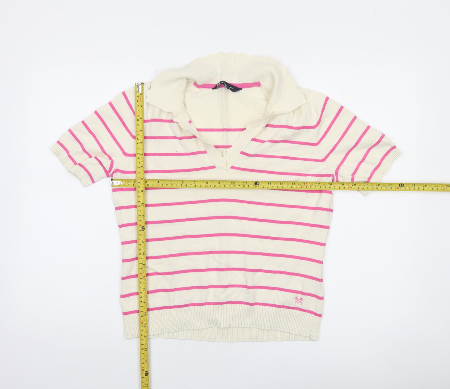 Crew Clothing Company Women’s Ivory Pink Striped Cotton V-Neck Jumper Size 12