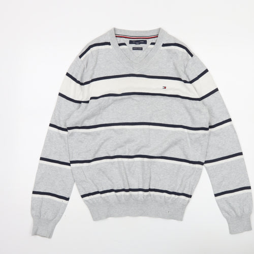Tommy Hilfiger Men’s Grey Striped Cotton V-Neck Jumper Size S
