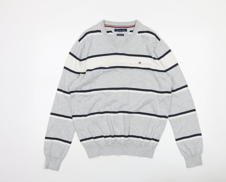 Tommy Hilfiger Men’s Grey Striped Cotton V-Neck Jumper Size S