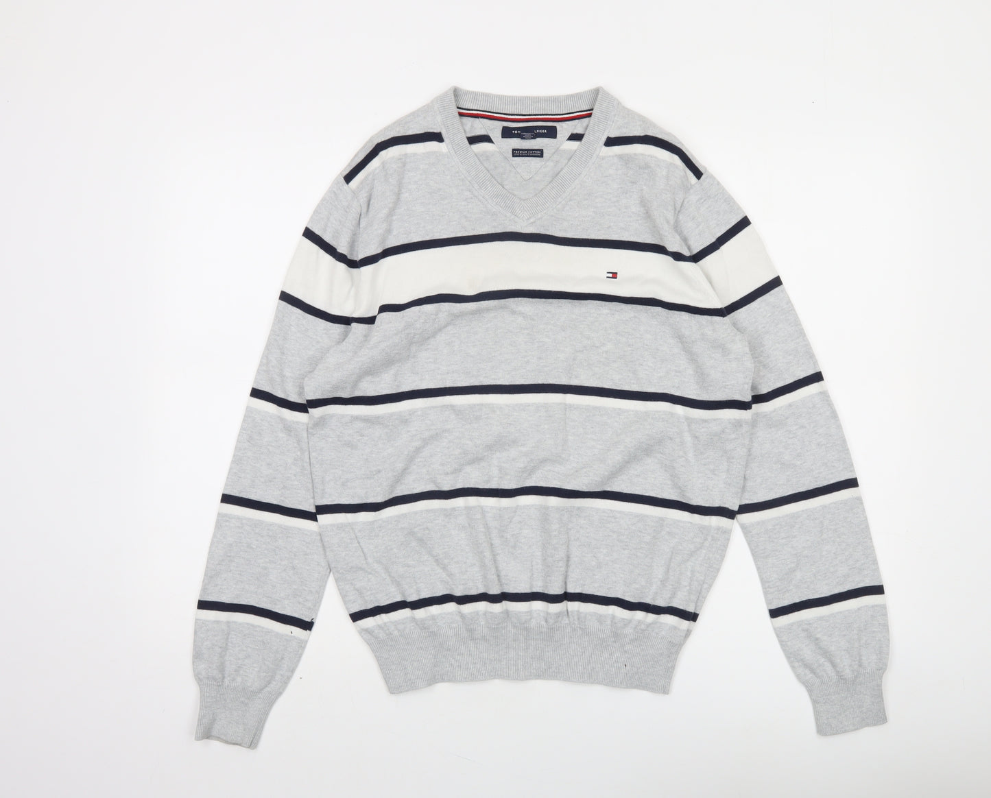 Tommy Hilfiger Men’s Grey Striped Cotton V-Neck Jumper Size S