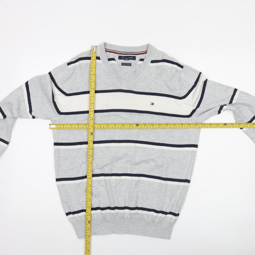 Tommy Hilfiger Men’s Grey Striped Cotton V-Neck Jumper Size S