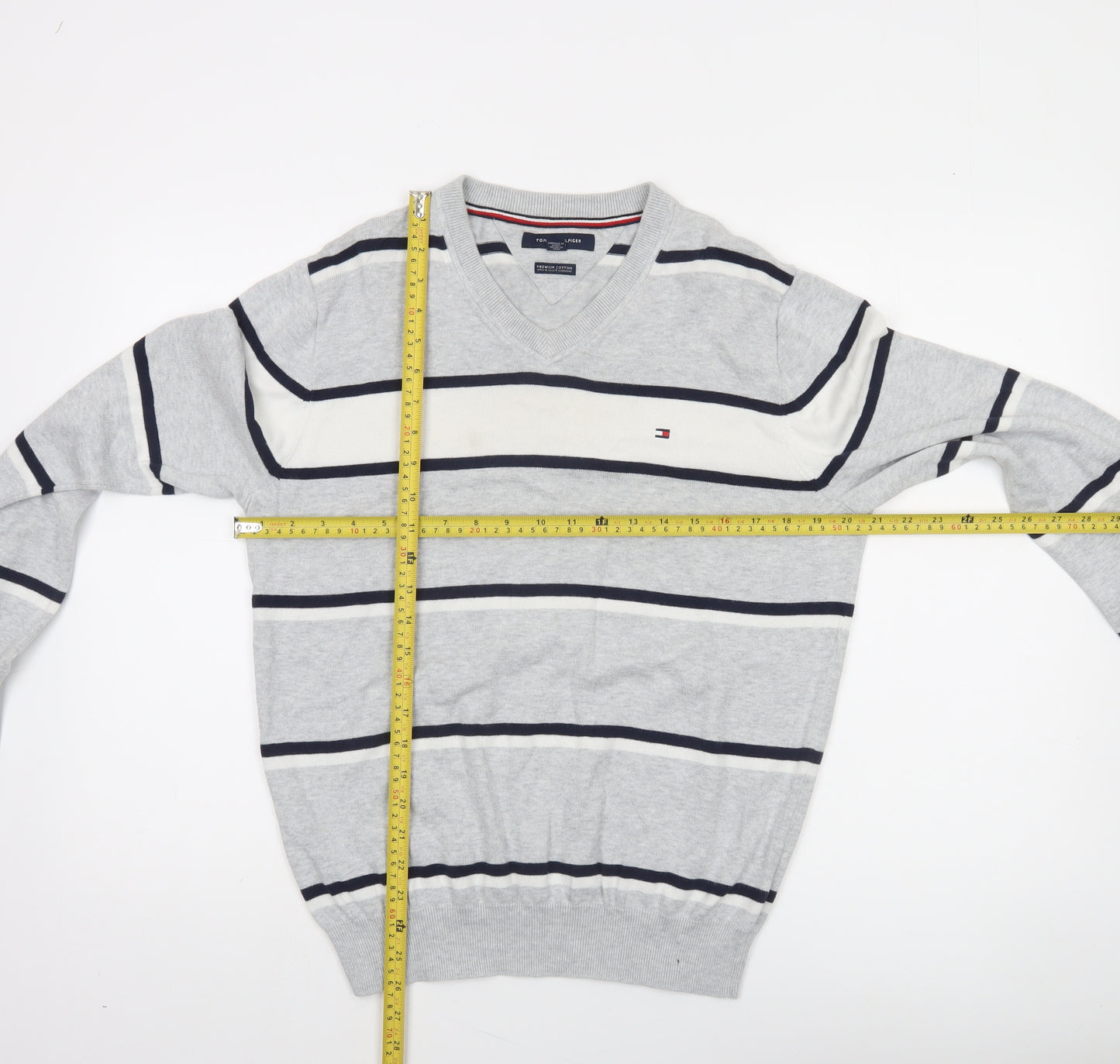 Tommy Hilfiger Men’s Grey Striped Cotton V-Neck Jumper Size S