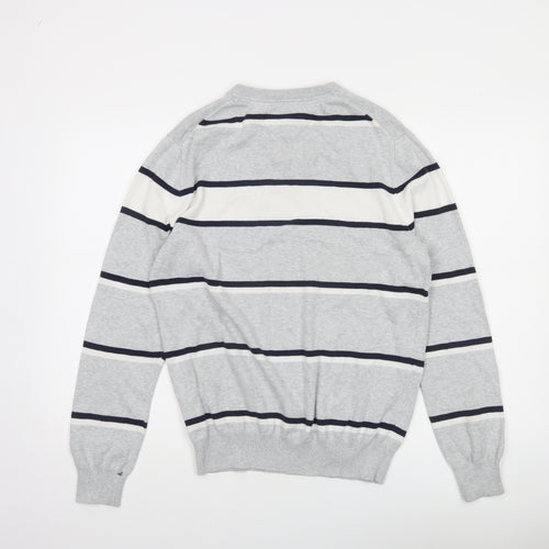 Tommy Hilfiger Men’s Grey Striped Cotton V-Neck Jumper Size S