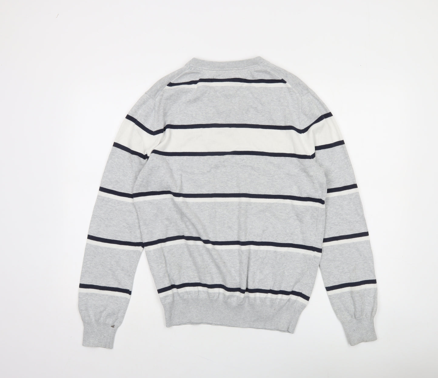 Tommy Hilfiger Men’s Grey Striped Cotton V-Neck Jumper Size S
