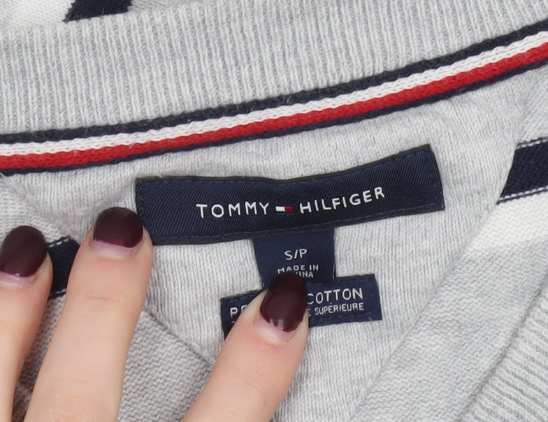 Tommy Hilfiger Men’s Grey Striped Cotton V-Neck Jumper Size S