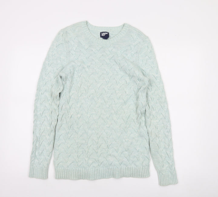 Lands' End Women's Green Cable-Knit Cotton Jumper XS