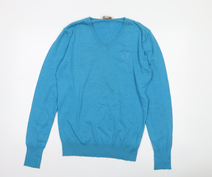 Diesel Men's Blue V-Neck Cotton Pullover Jumper Size S