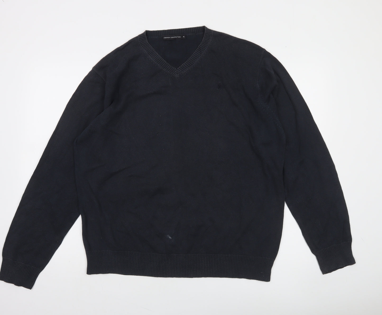 French Connection Men's Black XL V-Neck Cotton Jumper