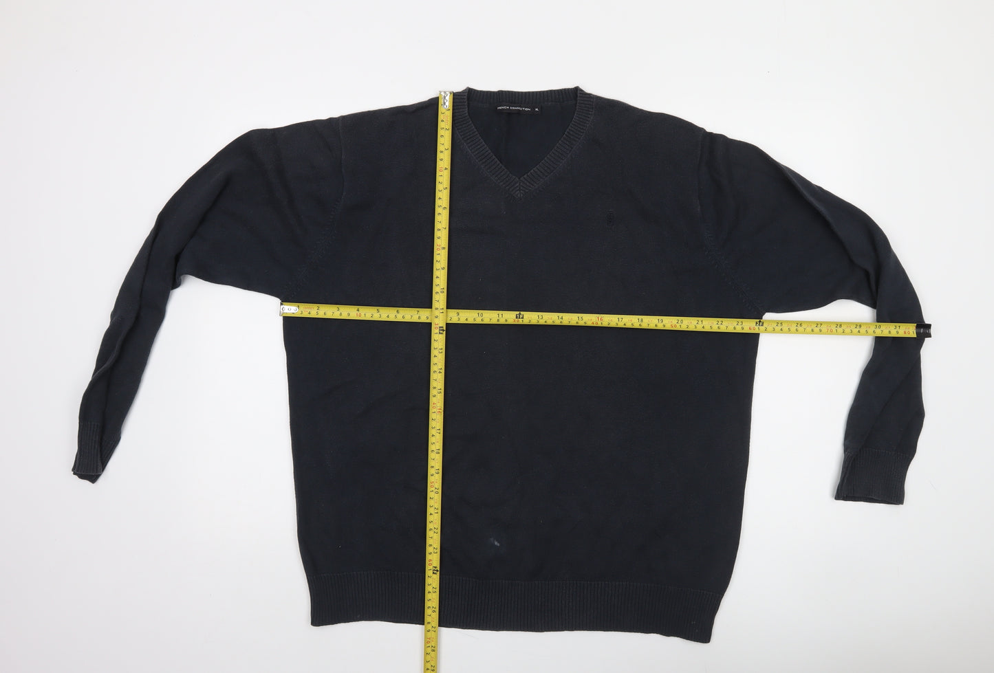 French Connection Men's Black XL V-Neck Cotton Jumper