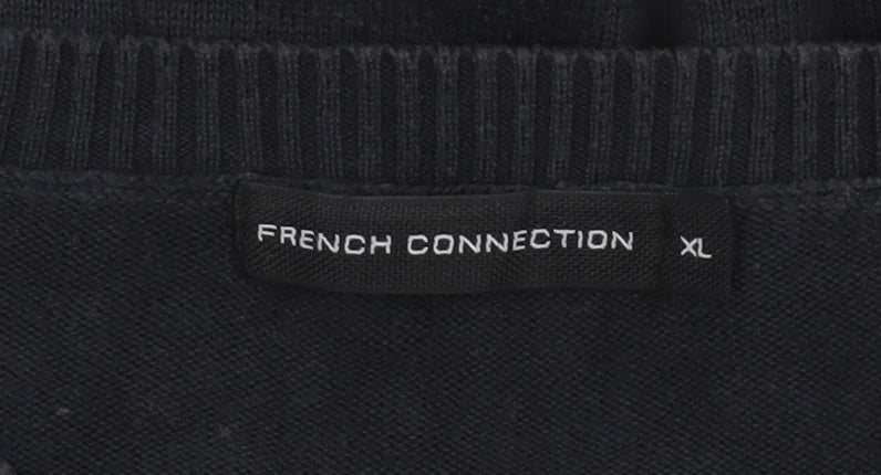 French Connection Men's Black XL V-Neck Cotton Jumper