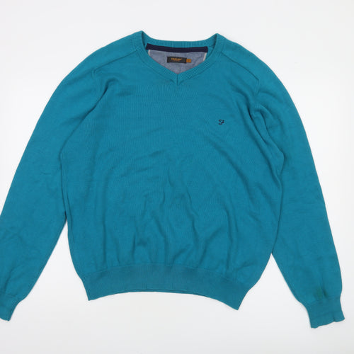 Farah Mens Blue L Cotton V-Neck Classic Knit Jumper