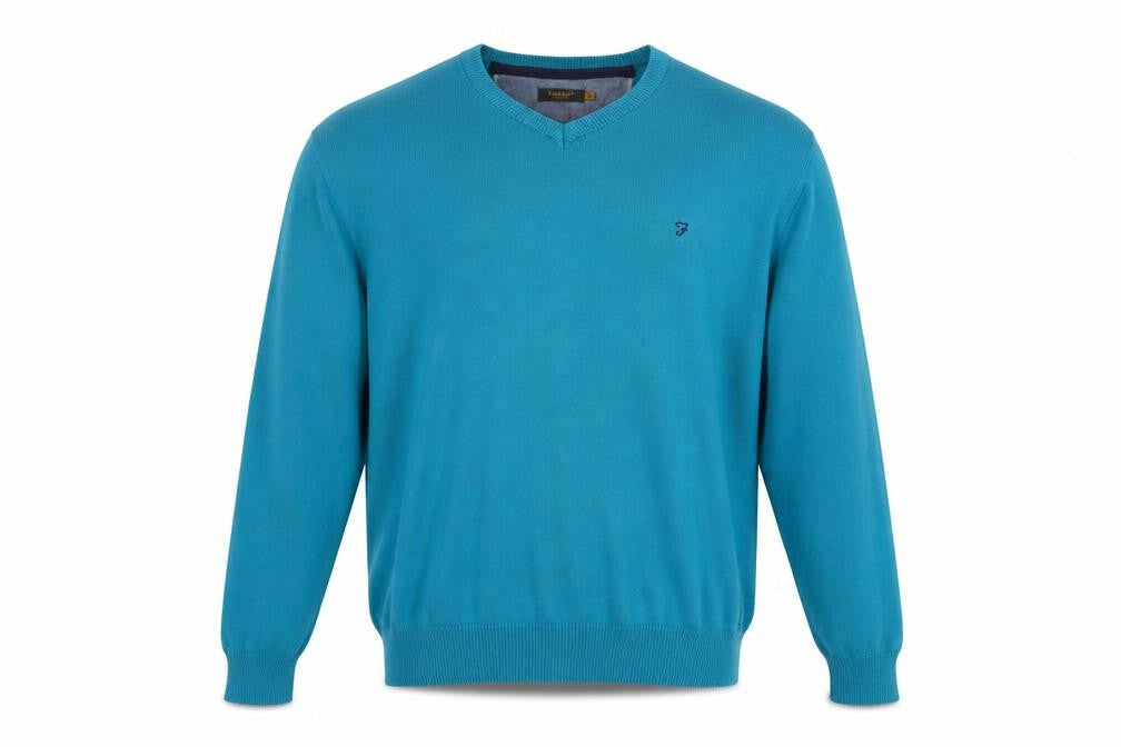 Farah Mens Blue L Cotton V-Neck Classic Knit Jumper