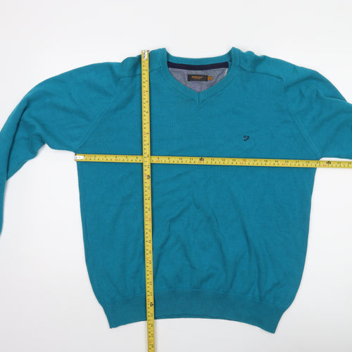 Farah Mens Blue L Cotton V-Neck Classic Knit Jumper
