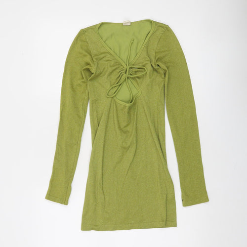 Urban Outfitters Women’s Green Glitter Tie V-Neck Long Sleeve Tunic Jumper S