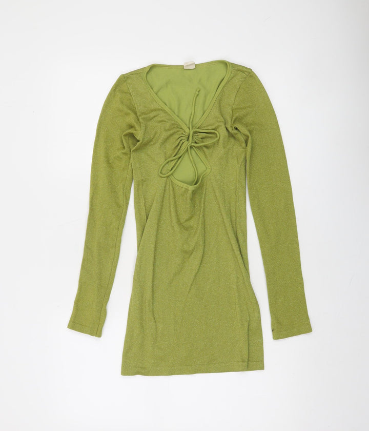 Urban Outfitters Women’s Green Glitter Tie V-Neck Long Sleeve Tunic Jumper S