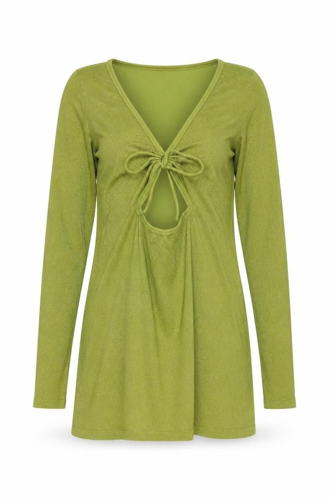 Urban Outfitters Women’s Green Glitter Tie V-Neck Long Sleeve Tunic Jumper S