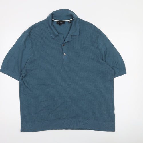 Ted Baker Men's Blue Cotton Blend Collared Henley Jumper XL