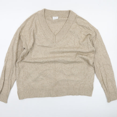 Vila Women Beige V-Neck Knit Pullover Jumper Size S