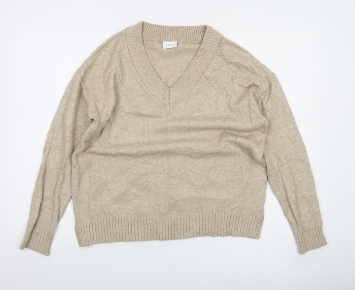 Vila Women Beige V-Neck Knit Pullover Jumper Size S