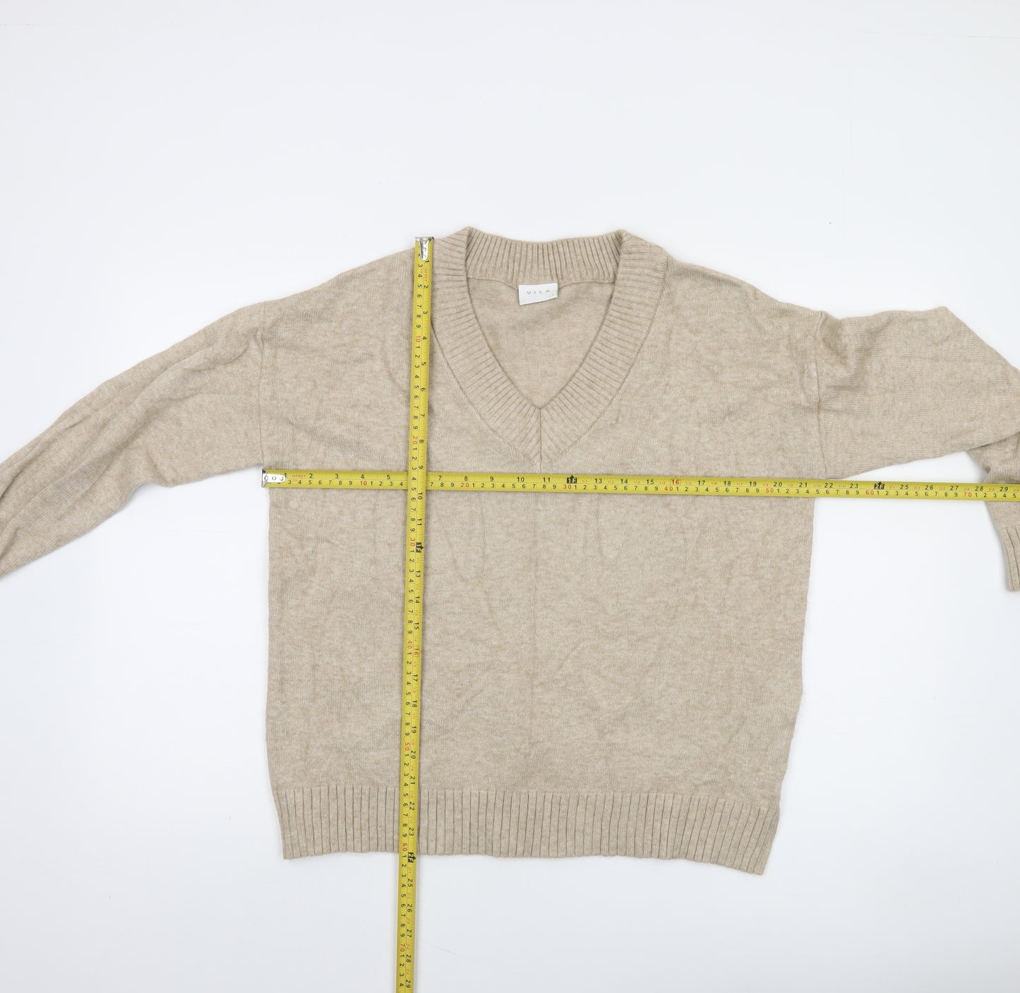 Vila Women Beige V-Neck Knit Pullover Jumper Size S