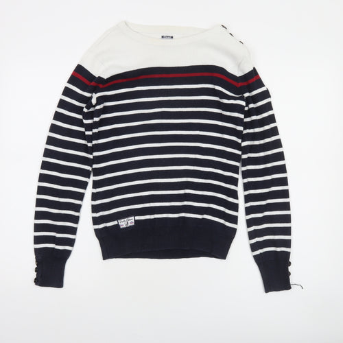 Voile Bleue Women's Blue Striped Cotton Boat Neck Jumper Size S