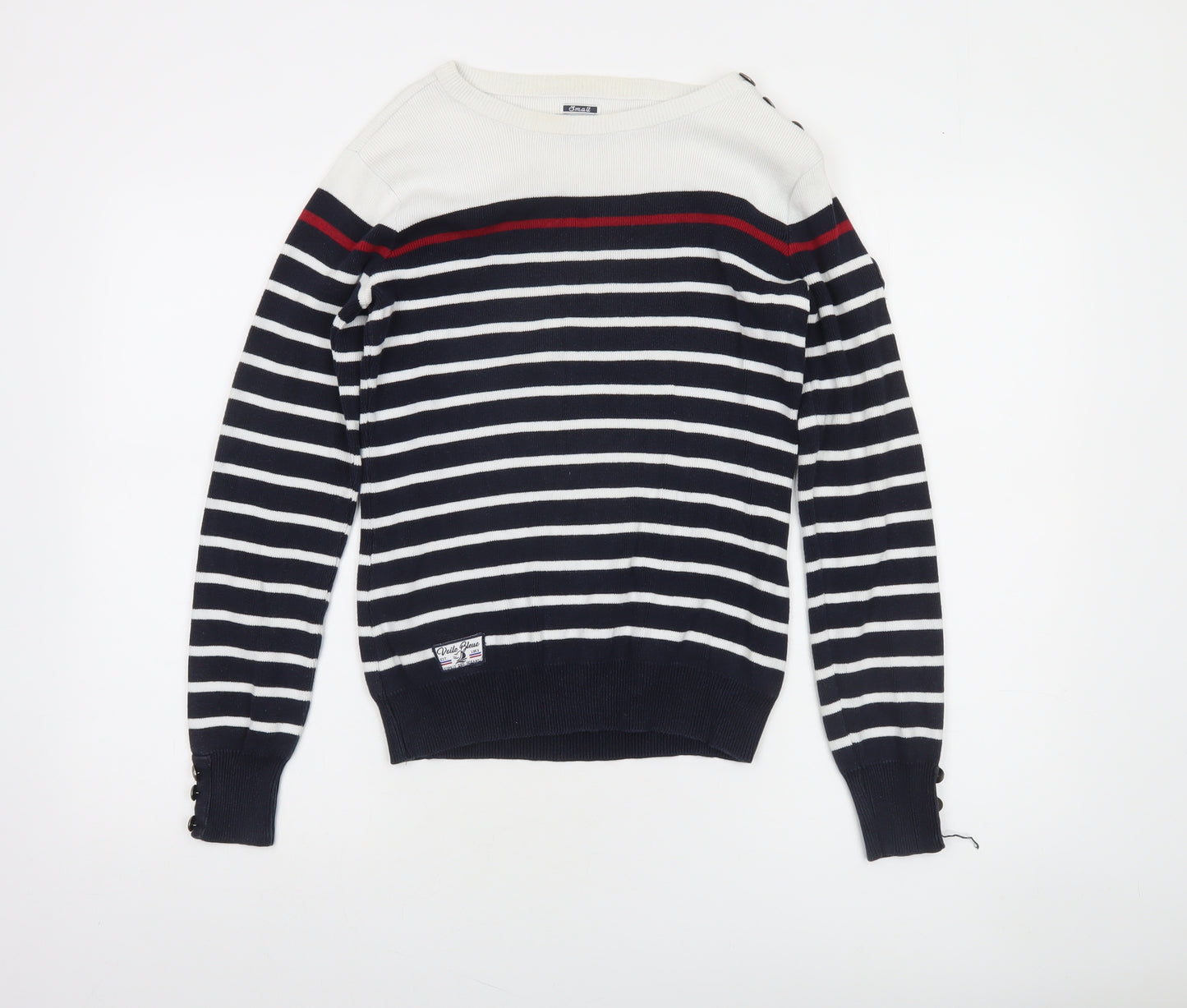Voile Bleue Women's Blue Striped Cotton Boat Neck Jumper Size S