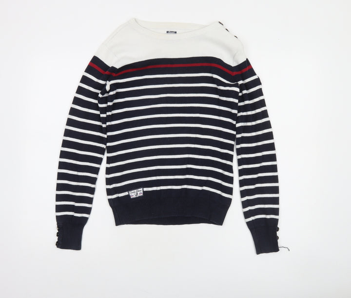 Voile Bleue Women's Blue Striped Cotton Boat Neck Jumper Size S