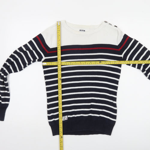 Voile Bleue Women's Blue Striped Cotton Boat Neck Jumper Size S