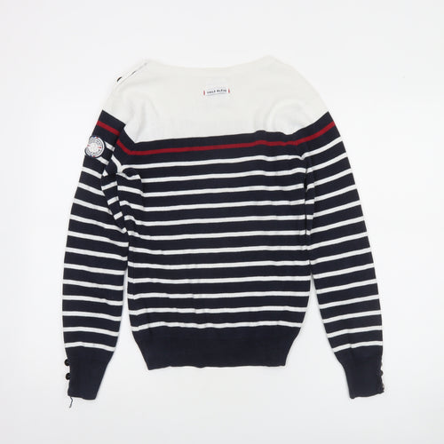 Voile Bleue Women's Blue Striped Cotton Boat Neck Jumper Size S