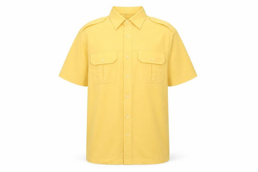 Front view of C&A Men's Yellow Classic Short Sleeve Button-Up Shirt 44in Polyester
