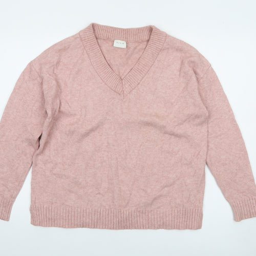 Vila Women’s Pink V-Neck Knit Jumper Size S Long Sleeve Pullover