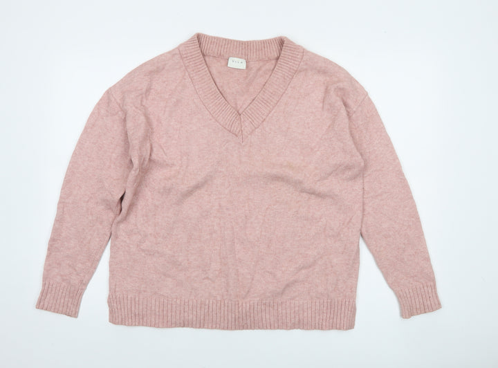 Vila Women’s Pink V-Neck Knit Jumper Size S Long Sleeve Pullover