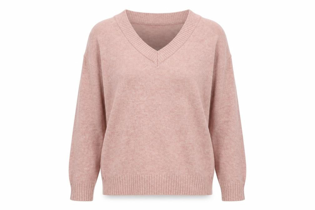 Front view of VILA Women’s Pink V-Neck Knit Jumper, size S, Long Sleeve Pullover