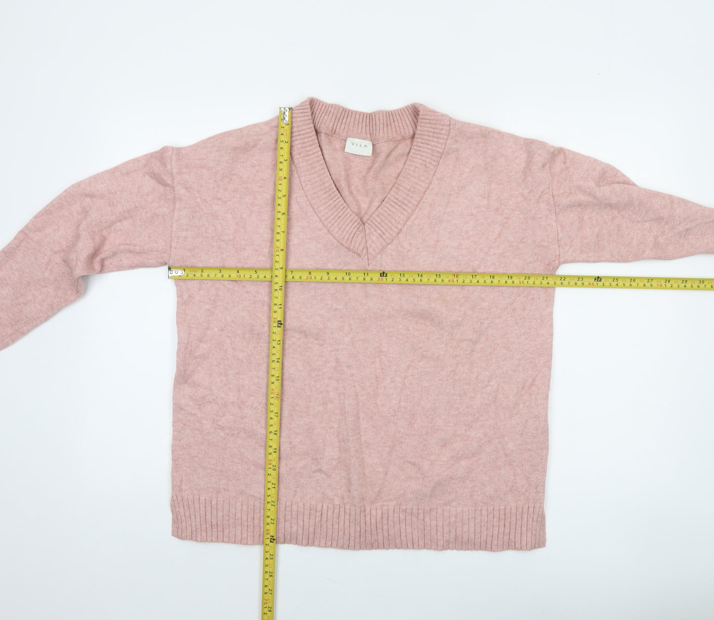 Vila Women’s Pink V-Neck Knit Jumper Size S Long Sleeve Pullover