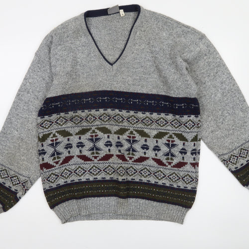 Invicta Men's Grey Fair Isle Wool Blend V-Neck Jumper Size L