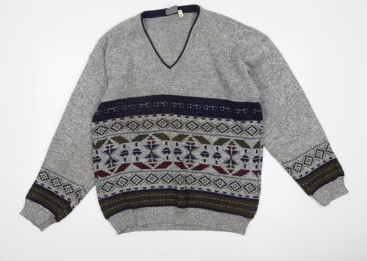 Invicta Men's Grey Fair Isle Wool Blend V-Neck Jumper Size L