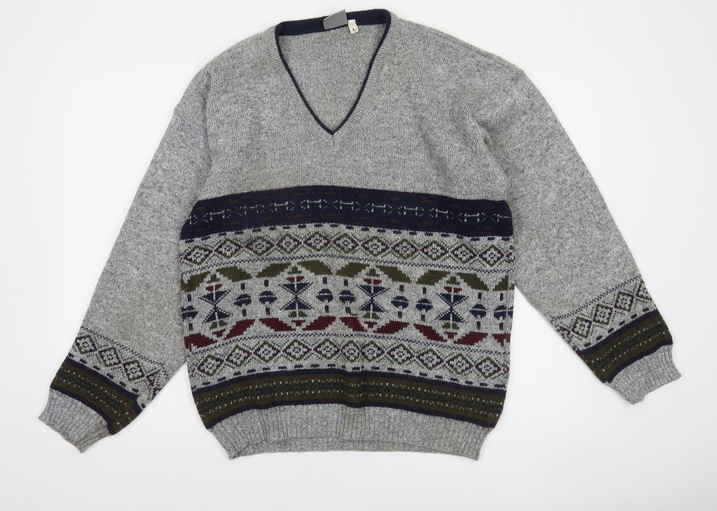 Invicta Men's Grey Fair Isle Wool Blend V-Neck Jumper Size L